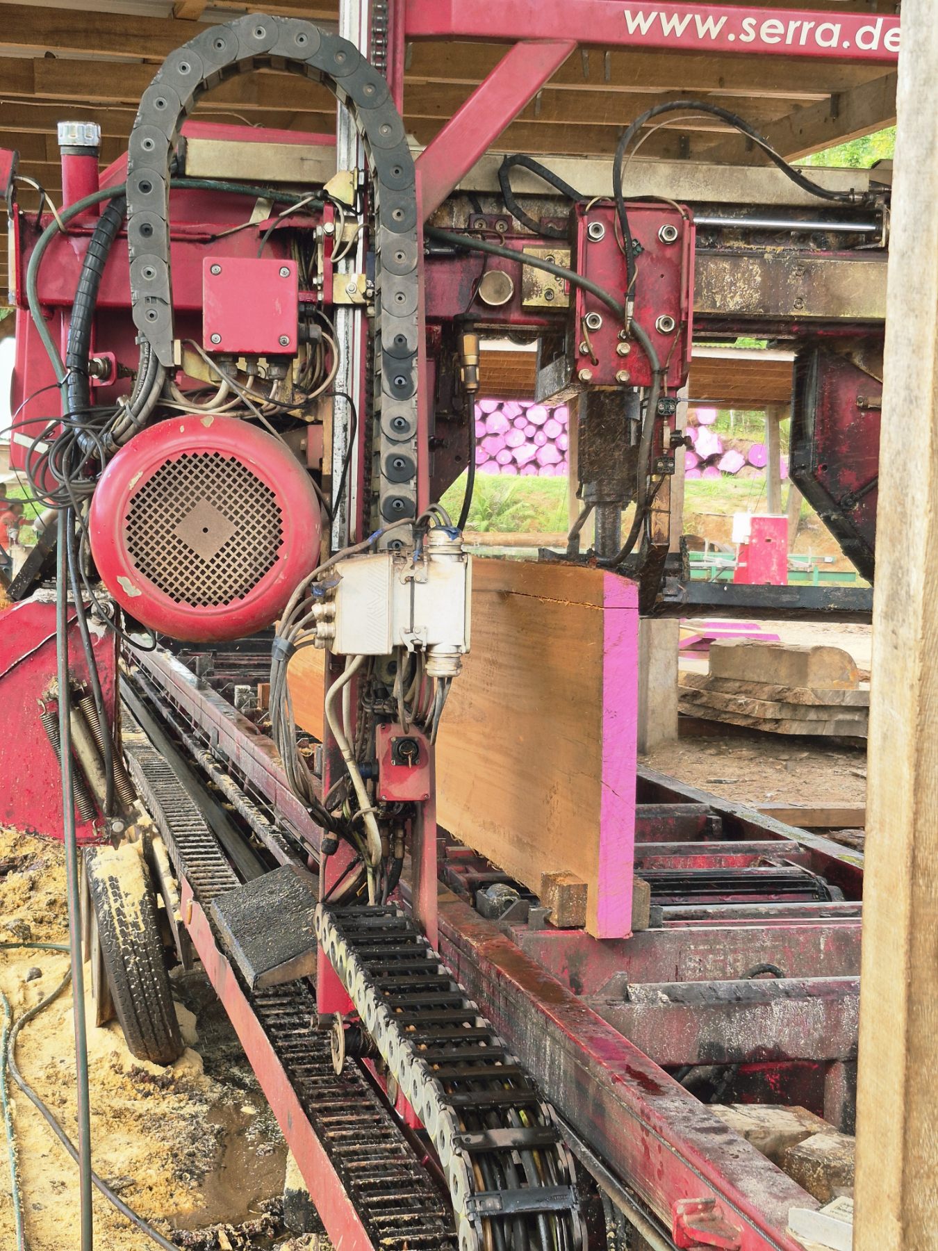 Close view of electronic sawmill cutting a squared timber cant