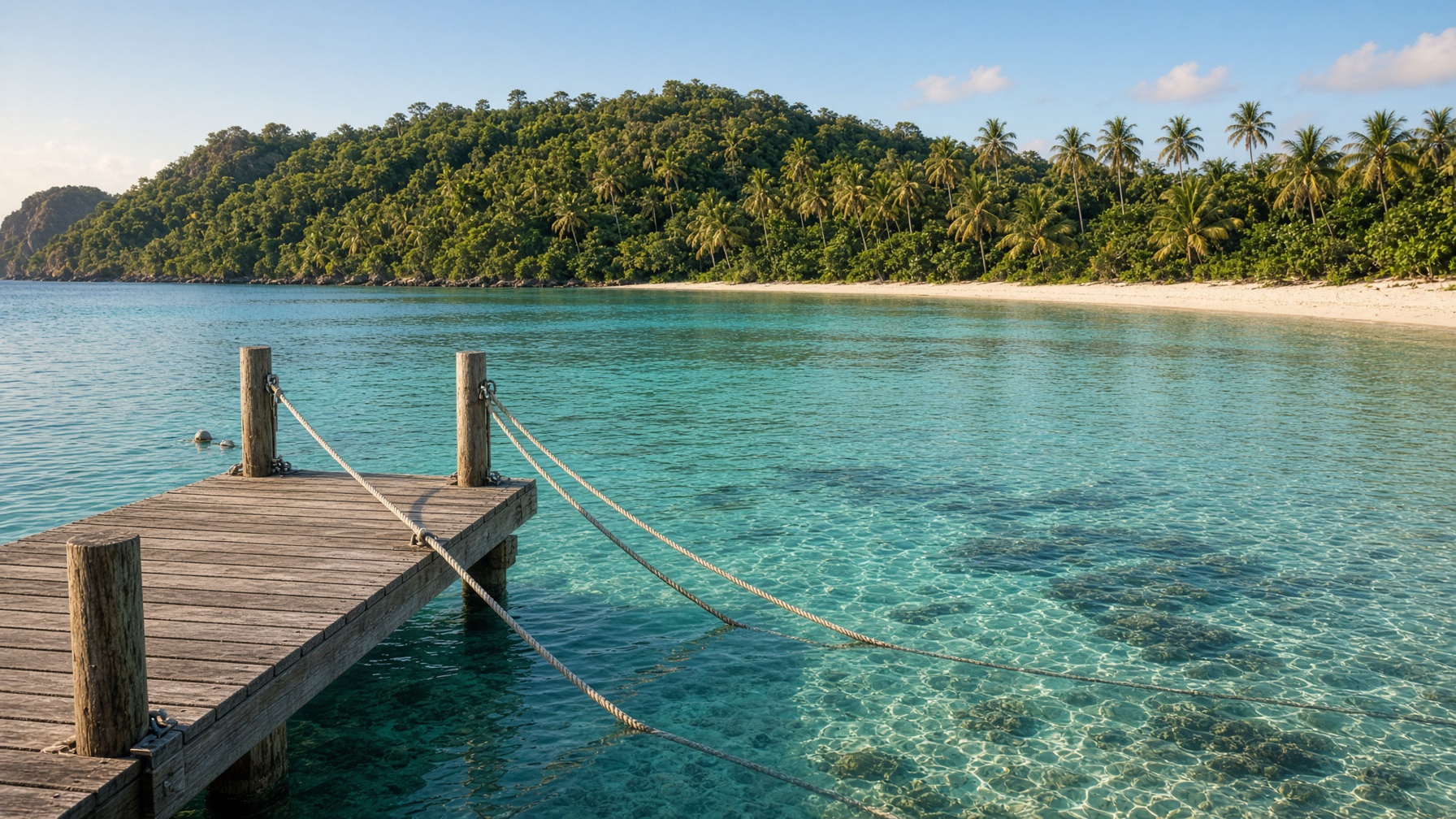Wooden jetty over a clear South Sea lagoon